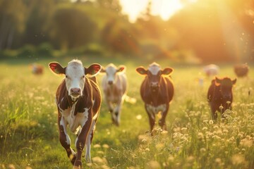 Happy cows running in the meadow bright sunny day bokeh background