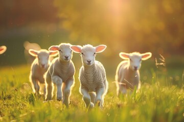 Happy lambs running in the meadow bright sunny day bokeh background