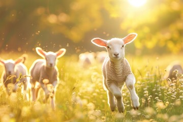 Obraz premium Happy lambs running in the meadow bright sunny day bokeh background