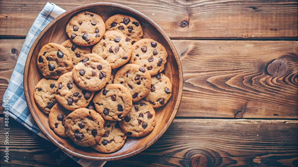 Poster Freshly baked chocolate chip cookies on a wooden table, delicious, homemade, sweet, dessert, bakery, snack, treats