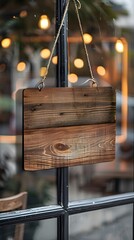 Blank vintage wooden sign board hanging on glass door in modern cafe restaurant advertisement marketing and small business owner concept