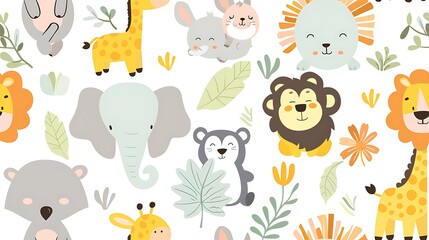 Fototapeta premium Seamless pattern with cute cartoon animals and leaves