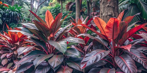Obraz premium Vibrant red and green tropical leaves in a jungle setting, tropical, leaves, foliage, red, green, vibrant, exotic