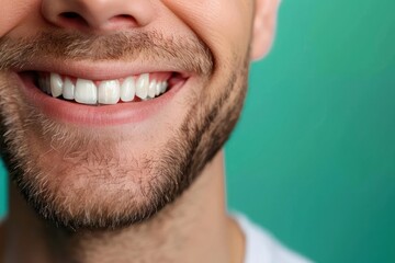 Obraz premium man mouth or teeth smiling, hygiene or dental cleaning cosmetic service Isolated on green background