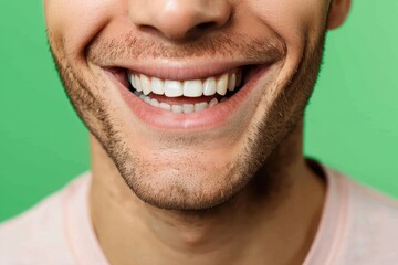 Naklejka premium man mouth or teeth smiling, hygiene or dental cleaning cosmetic service Isolated on green background