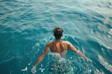 man swims in the sea back view