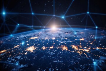 Map of modern technology connection on Earth, panorama banner