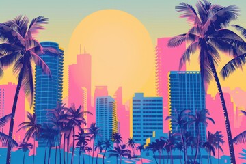 Miami Summer Vibes retro illustration. Vintage pink and blue colors, buildings, California palms, 80s style