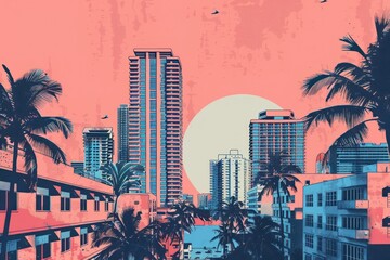 Miami Summer Vibes retro illustration. Vintage pink and blue colors, buildings, California palms, 80s style