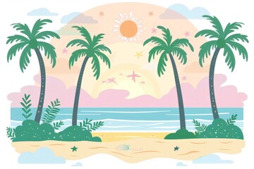Obraz premium Tropical island scene sunset beach palm trees modern vector art colorful design peaceful vacation vibrant illustration relaxing beach setting