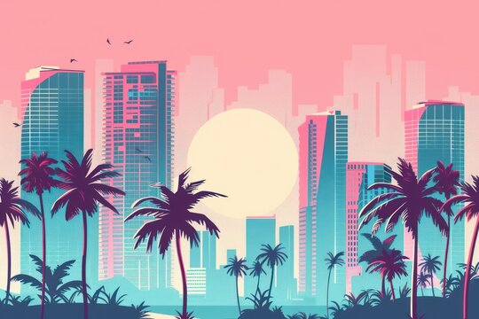 Miami Summer Vibes retro illustration. Vintage pink and blue colors, buildings, California palms, 80s style