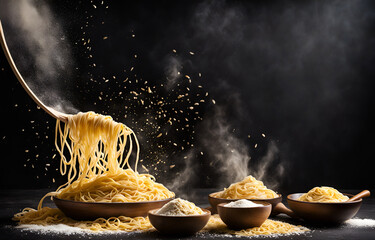 Handmade noodles cooking scene, flour flying, black background, baking scene, food photography, warm tone