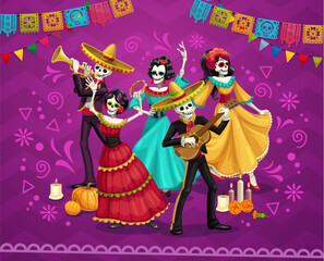 Day of the Dead Mexican holiday characters, Dia De Los Muertos mariachi musicians and dancers, vector poster. Day of the Dead fiesta, Catrina calavera and skeletons music band in sombrero with guitars