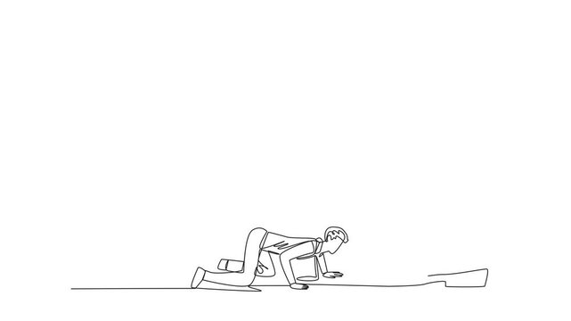 Self drawing animation of continuous one line drawing businessman kneels and licks giant foot. Submissive. Licker. Mischievous in the company. Selfish. Destroying team cohesion. Full length animated