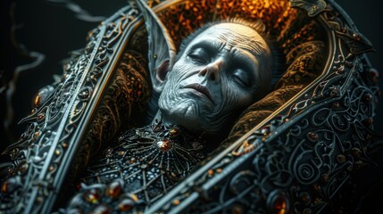 Obraz premium A detailed close-up of an ancient vampire lying in an ornate coffin, showcasing the intricate design and eerie ambiance.