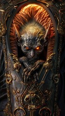 Obraz premium A detailed close-up of a creepy mythical creature with glowing eyes, curled up in an ornate, ancient stone coffin emitting a sinister aura.