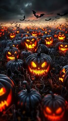 A spooky Halloween pumpkin field with glowing jack-o'-lanterns and ominous flying bats at dusk, creating a chilling atmosphere.