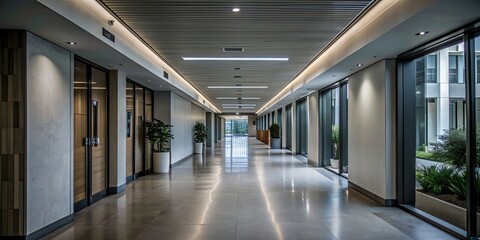 Long corridor in a modern office building with ambient lighting , corridor, interior, architecture, modern, office, building