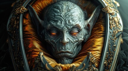 Fototapeta premium Detailed close-up of an ancient, mystical creature in elaborate golden ornaments, capturing a fantasy theme with intricate facial features.