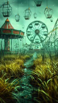 Eerie abandoned amusement park with overgrown grass and derelict rides, including a ferris wheel and swing ride, creating a haunting atmosphere.
