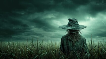 Eerie scarecrow standing in a dark, ominous field under a stormy sky, creating a haunting and mysterious atmosphere.