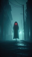 Eerie, foggy alleyway at night with a mysterious figure and glowing red eyes, creating a haunting atmosphere.