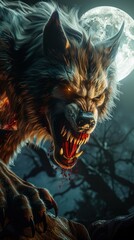 Ferocious werewolf snarling under a full moon in a dark, eerie forest setting with trees and night sky backdrop.