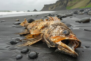 Rainy Day Dead Fish on Black Sand Beach