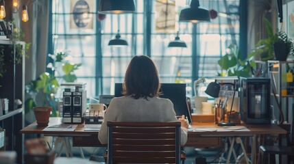 Naklejka premium Woman Working at Desk in Modern Office with Window View