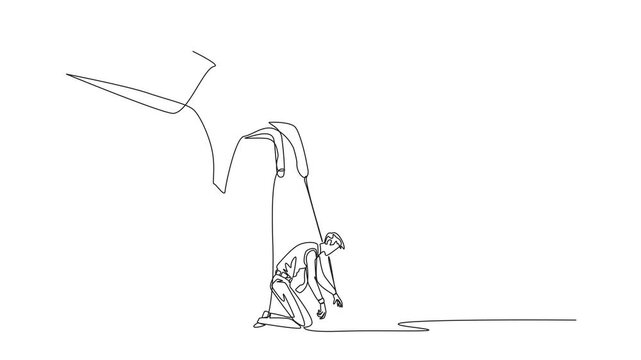 Self drawing animation of single continuous line drawing businessman kneeling, entire body bound by ropes controlled by giant hands. Mastered by the mastermind. Confused. Full length animated