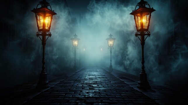 Mysterious foggy street at night with old-fashioned lampposts casting an eerie glow, creating a spooky and atmospheric scene.