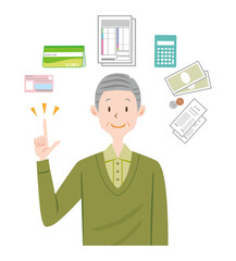 お金について説明するシニア男性のイラスト　確定申告　申請　帳簿　年金