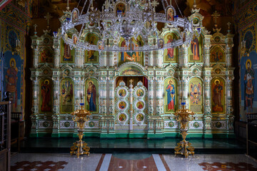 The altar in the interior of the medieval Assumption Church of the Ascension of the Caves Monastery...