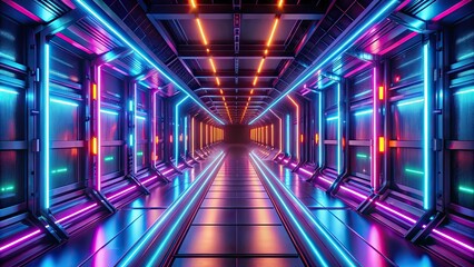 Futuristic sci-fi tunnel corridor with vibrant neon lights , laser, glow, modern, electric, room, stage, basement