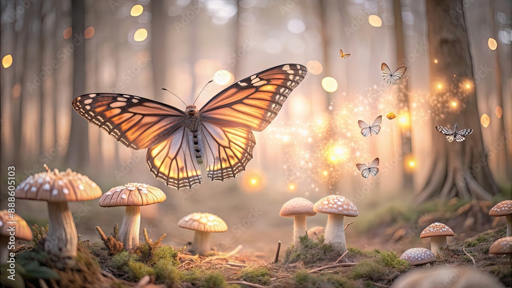 Wall mural magical butterfly soaring amidst enchanted forest with glowing mushrooms and enchanting creatures, m