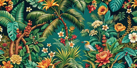 Lush tropical foliage and exotic floral motifs in a surreal chinoiserie-style pattern , tropical, foliage, exotic, floral