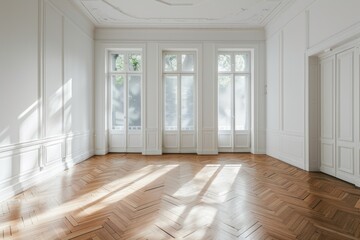 Obraz premium The interior of a small empty room in white with a parquet floor and three internal windows