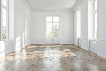 Obraz premium The interior of a small empty room in white with a parquet floor and three internal windows