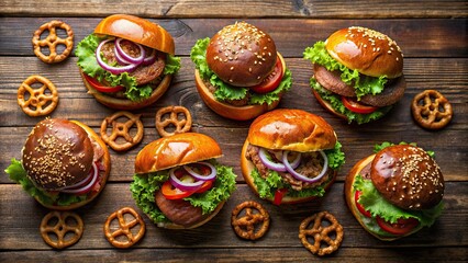 Fototapeta premium Top-down photo of gourmet burgers with unique pretzel buns