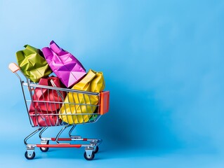 Shopping cart filled with vibrant bags on blue backdrop, perfect for web design with text space.