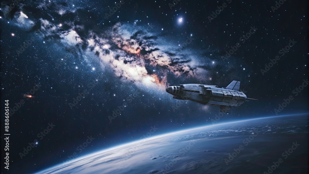 Sticker spaceship flying through outer space with stars in the background, spaceship, flying, outer space, s