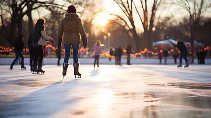 Obraz premium Group of friends ice skating at an outdoor rink