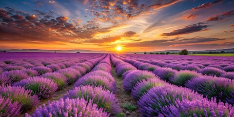 Obraz premium Beautiful summer sunset over lavender field, lavender, field, summer, sunset, beautiful, colorful, nature, landscape, vibrant