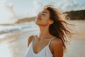 Woman taking deep breaths and stretching on sandy beach Stress free
