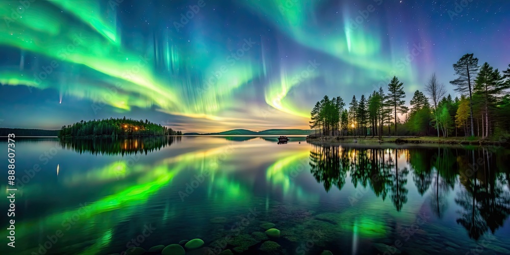 Poster Northern lights dancing over calm lake in Farnebofjarden national park in north of Sweden