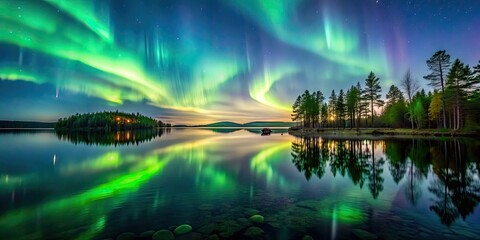 Northern lights dancing over calm lake in Farnebofjarden national park in north of Sweden