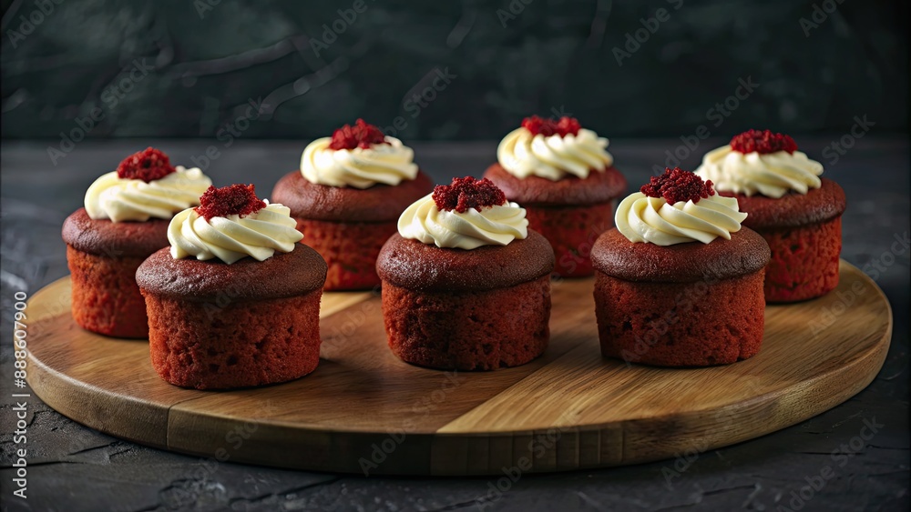 Sticker Red velvet mini cakes with creamy frosting on display, red velvet, mini cakes, cream cheese frosting, delicious, gourmet