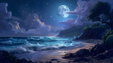 Moonlit Beach - Serene beach scene bathed in moonlight