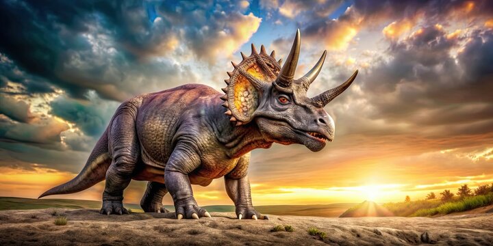 A detailed image of a Triceratops dinosaur standing in a prehistoric landscape, prehistoric, extinct
