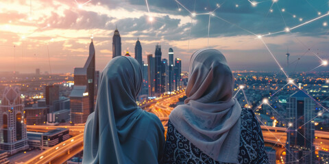 Women In Traditional Cloth Overlooking Futuristic City Skyline
